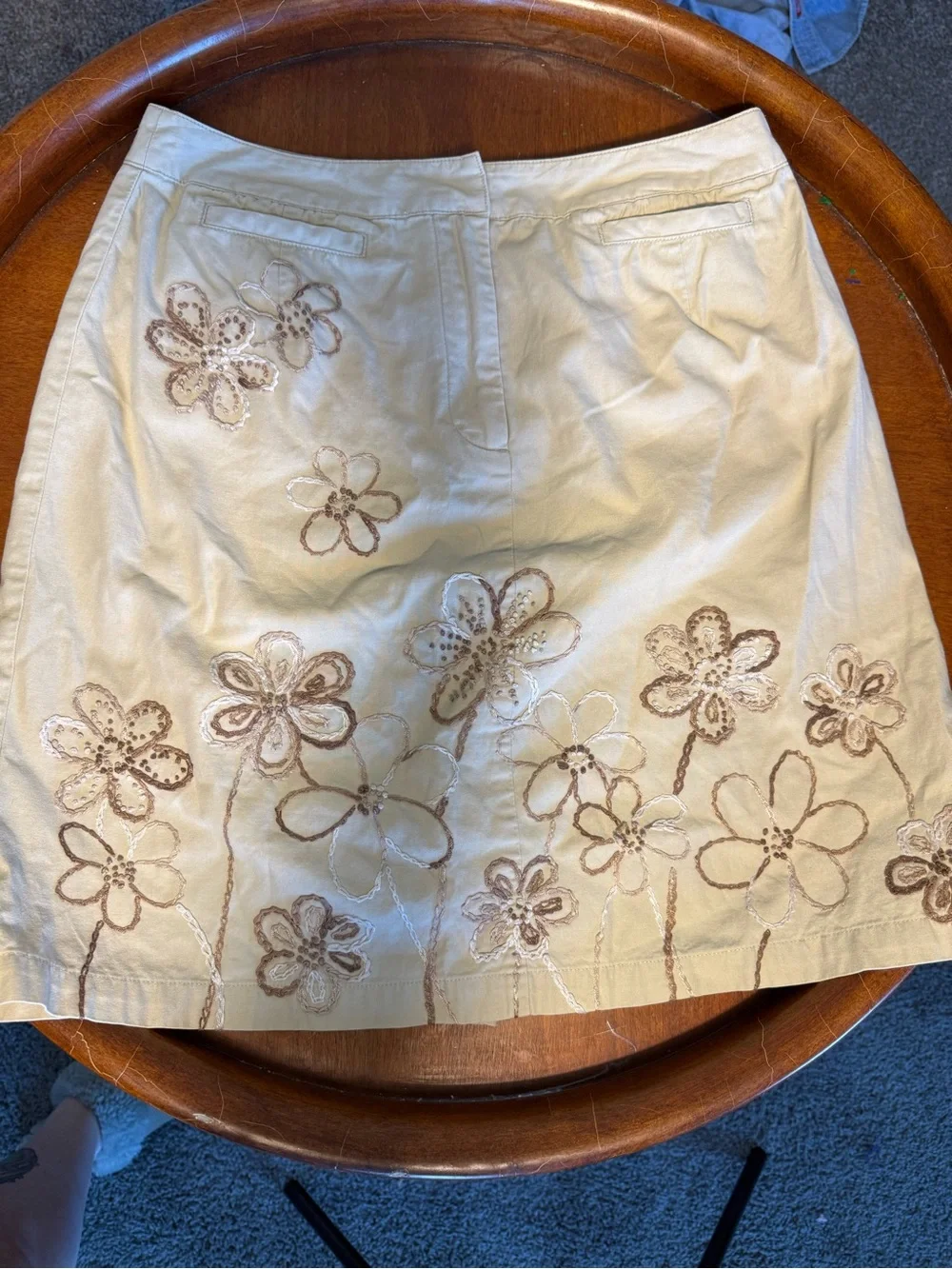 Talbots Cream Mini Skirt with Brown Floral Embroidery 1990-2000 y2k